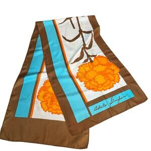 Adele Simpson Vintage Brown Orange Turquoise Oblong Poppy Floral Scarf